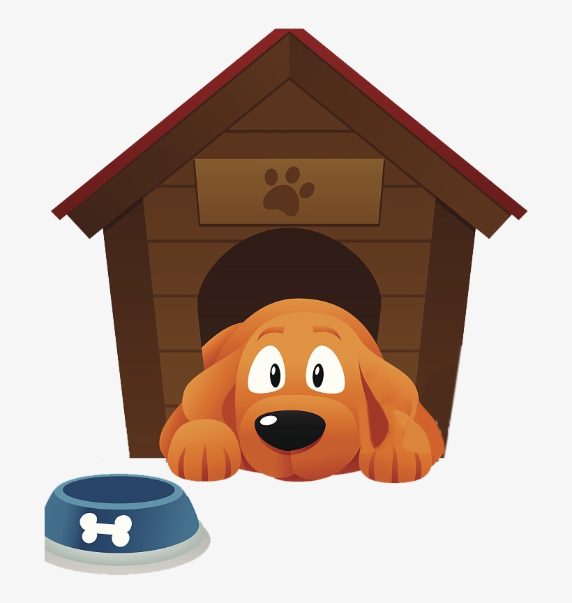 Dog in a dog house with a dog bowl in front.